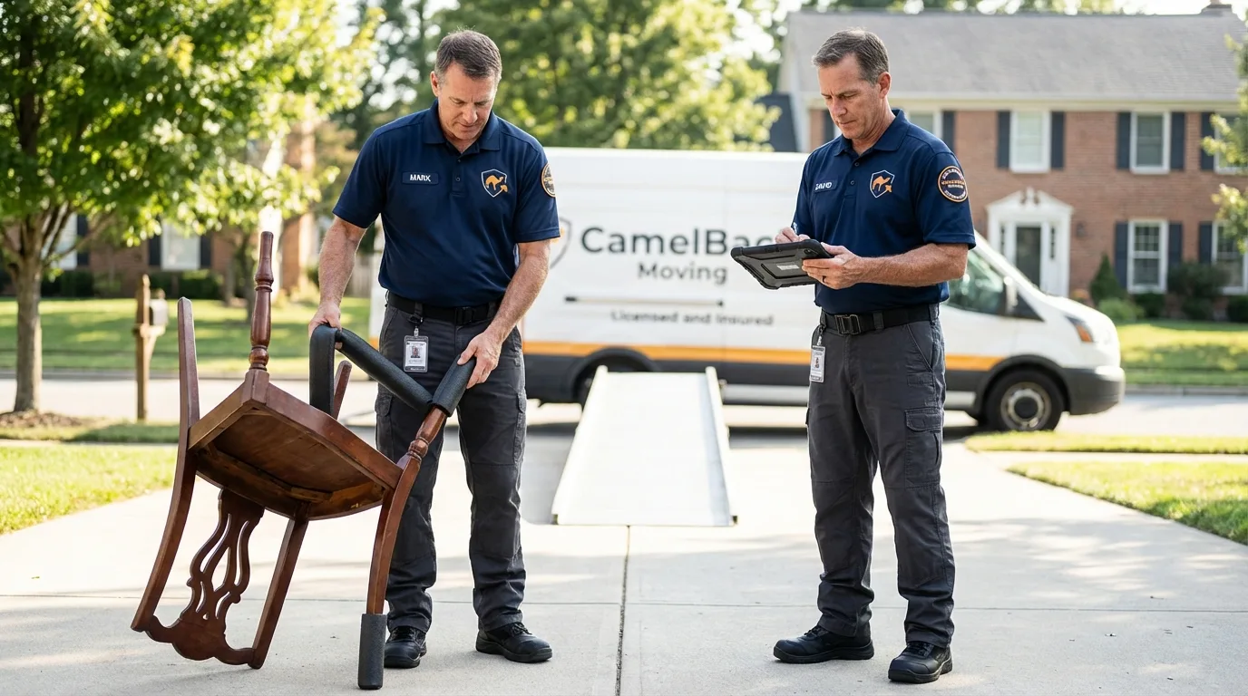 Movers inspecting furniture for damage prevention before loading in Pacific, WA