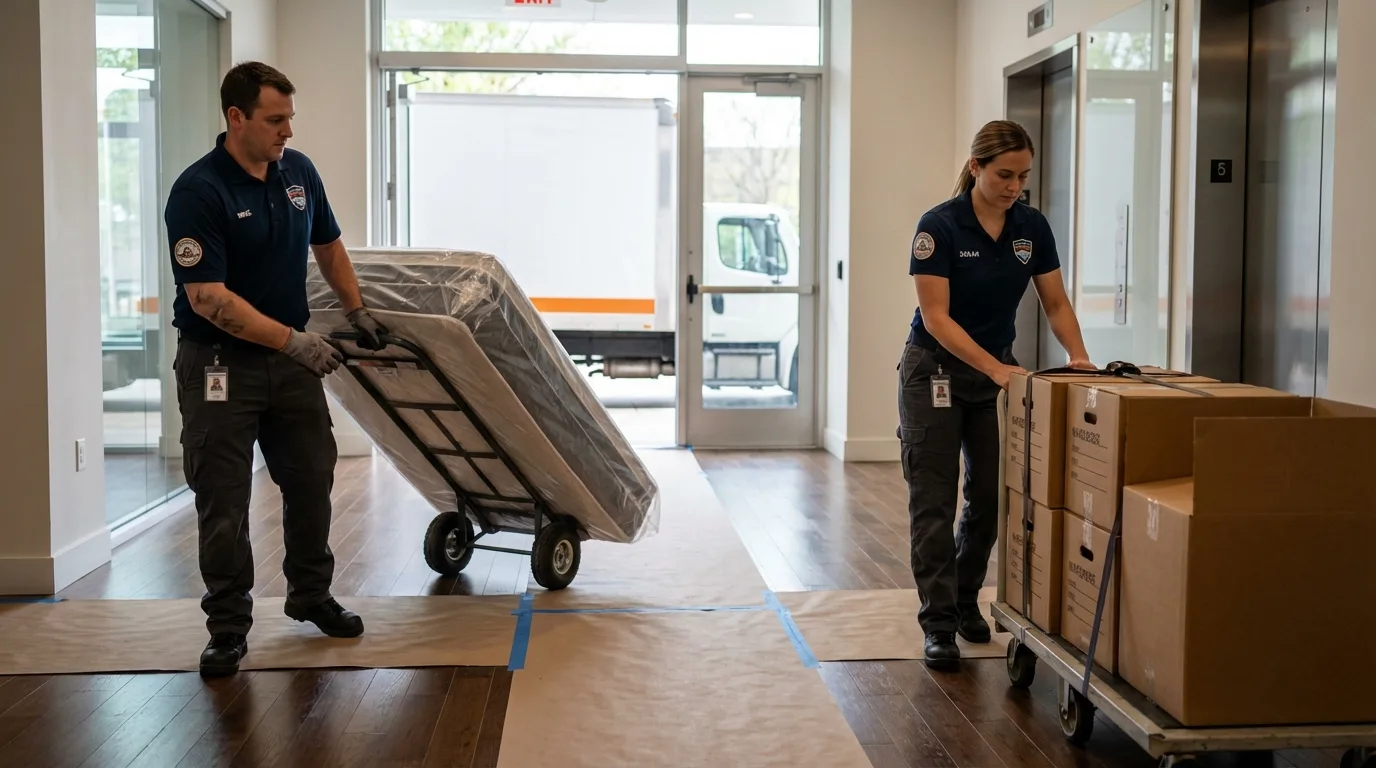 Professional apartment movers loading elevator in Pacific, WA
