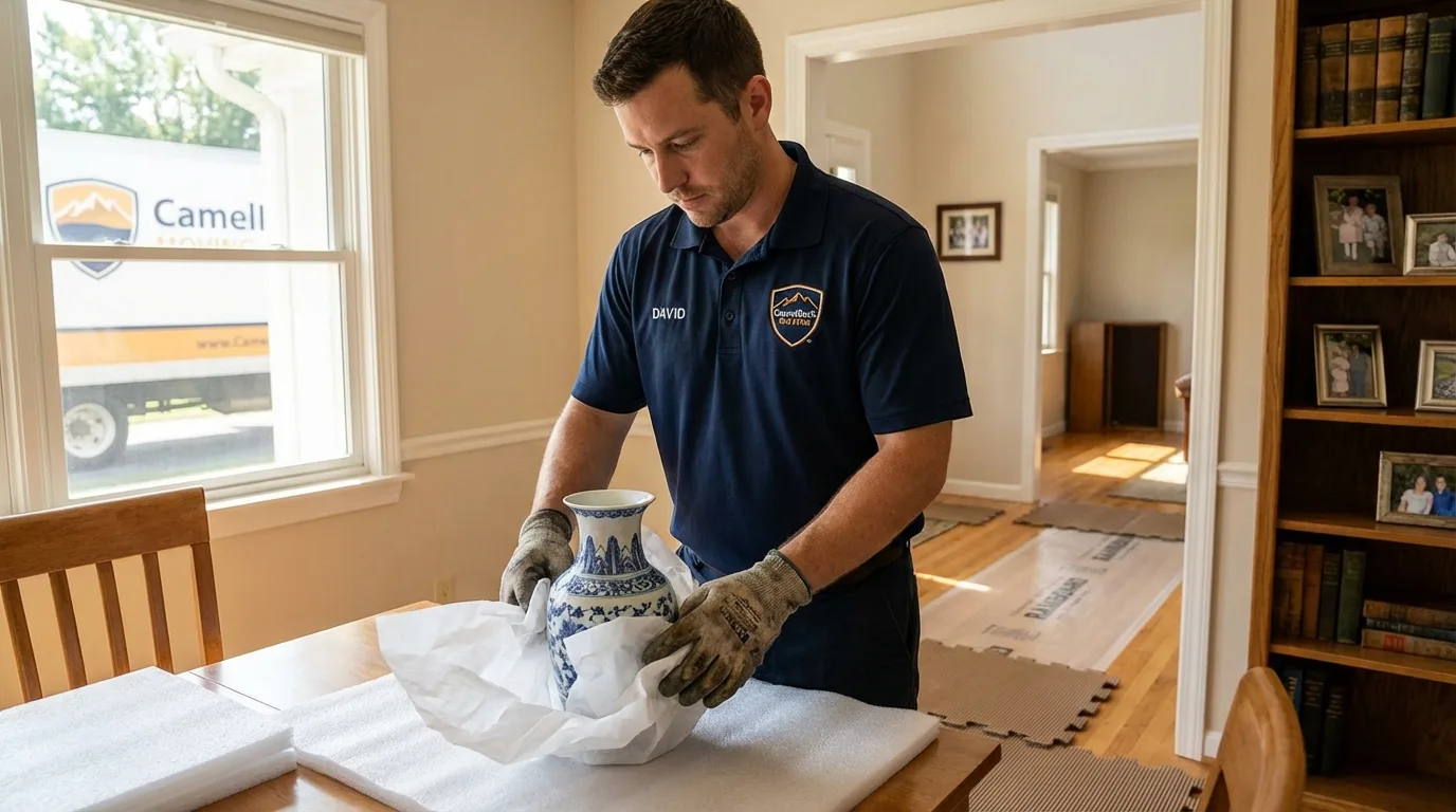 Professional crew carefully wrapping antique vase for senior downsizing move in Pacific, WA